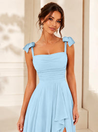 Ruffle Slit Chiffon A Line Scoop Neck Bridesmaid Dresses with Pockets