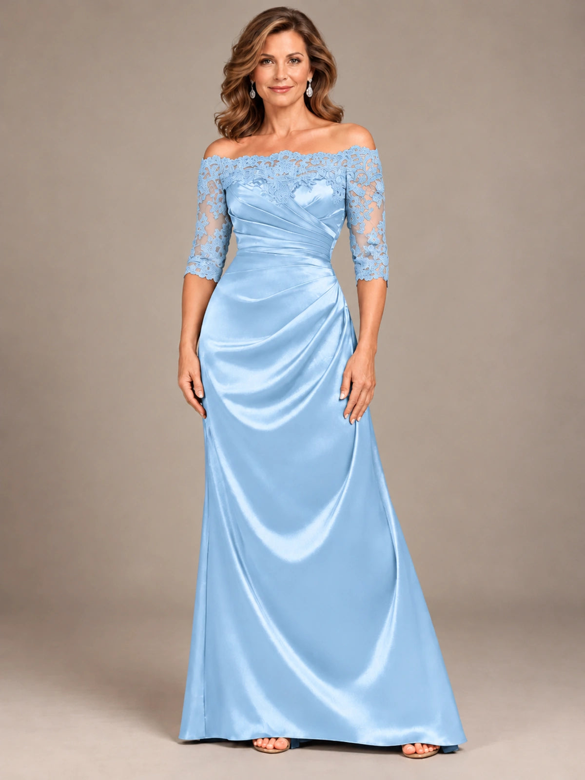 Satin Mother of the Bride Dress with Lace Sleeves Off Shoulder Formal Gown