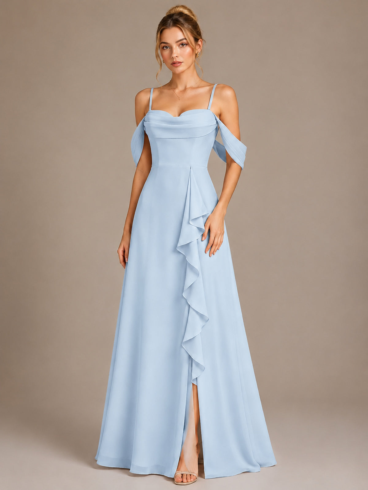 Spaghetti Strap Chiffon Bridesmaid Dress with Ruffles Slit