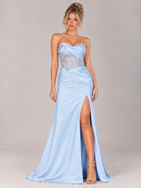 Strapless Satin Prom Dress with Sheer Lace Corset & High Slit