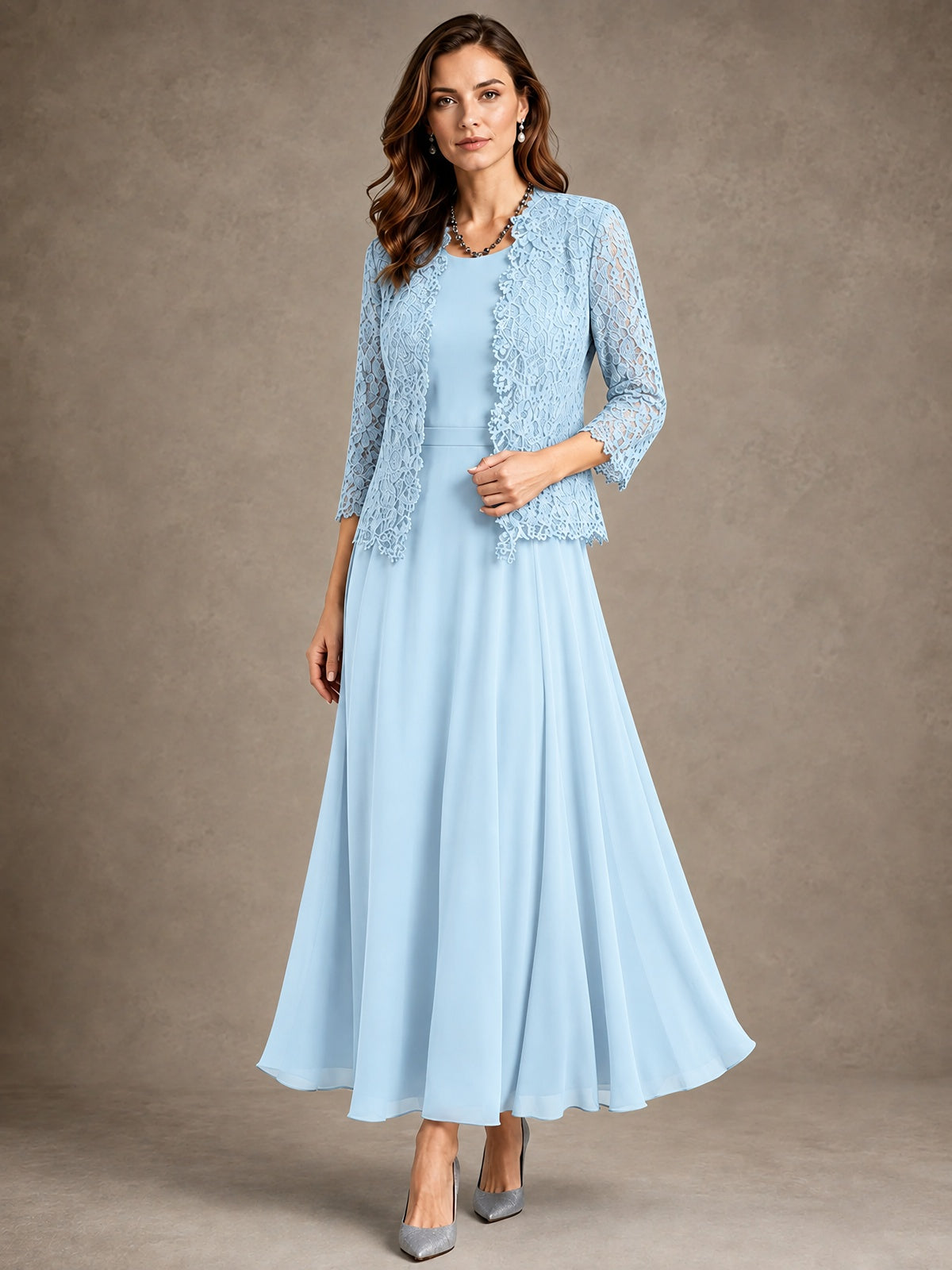 2-Piece Chiffon Mother of the Bride Dress with Lace Jacket