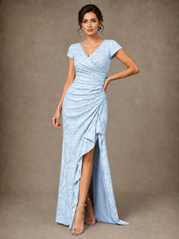 V-Neck Floral Jacquard Mother of the Bride Dress with Slit