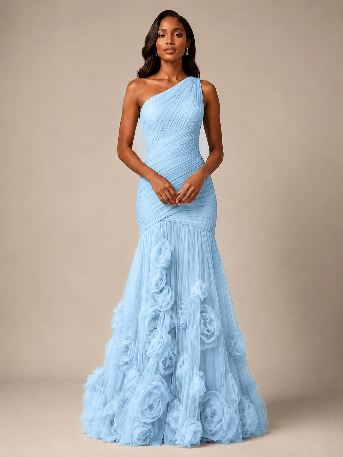 Blush Pink One Shoulder 3D Floral Mermaid Prom Dress