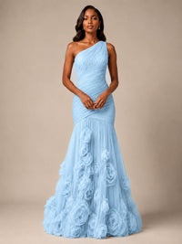Blush Pink One Shoulder 3D Floral Mermaid Prom Dress