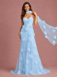 Blush Pink Strapless Sweetheart 3D Floral Tulle Mermaid Prom Dress