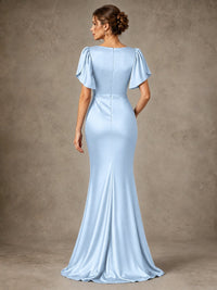 V-Neck Satin Mother of the Bride Dress with Flutter Sleeves