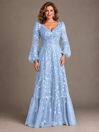 Floral Sequin Embroidered A-Line Mother of the Bride Dress with Long Sleeves