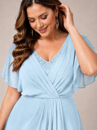 Navy Blue A-Line V-Neck Tea-Length Mother of the Bride Dress