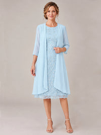 Light Blue-2 Piece Lace Appliques Chiffon Mother of The Bride Dress with Sequin