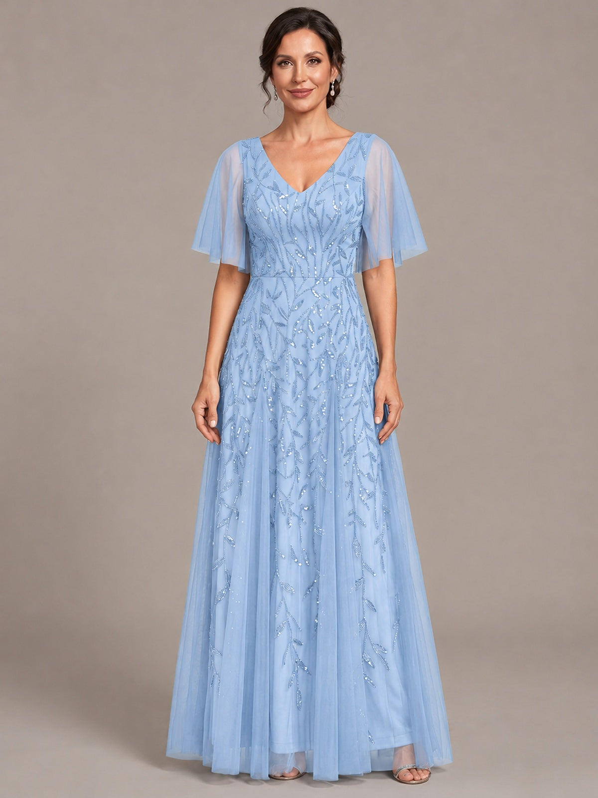 Light Blue V-Neck Sequin Tulle Mother of the Bride Dress with Flutter Sleeve A-line Evening Formal Wedding Guest Dress