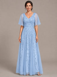 Light Blue V-Neck Sequin Tulle Mother of the Bride Dress with Flutter Sleeve A-line Evening Formal Wedding Guest Dress