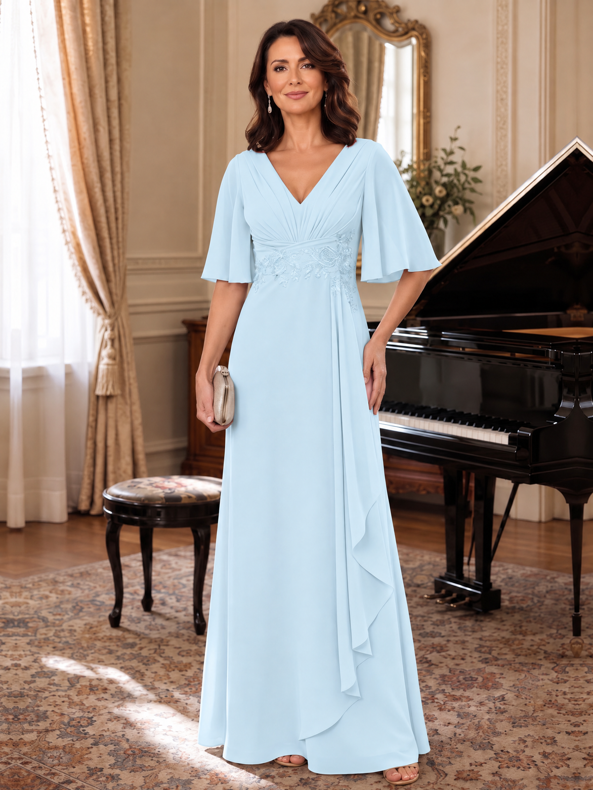 Light Blue V-Neck Chiffon Lace Mother of the Bride Dresses with Flutter Sleeve A-line Long Ruffled Evening Formal Wedding Guest Gown