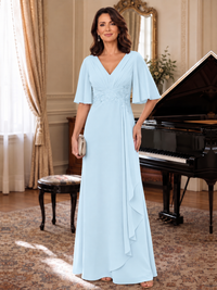 Light Blue V-Neck Chiffon Lace Mother of the Bride Dresses with Flutter Sleeve A-line Long Ruffled Evening Formal Wedding Guest Gown