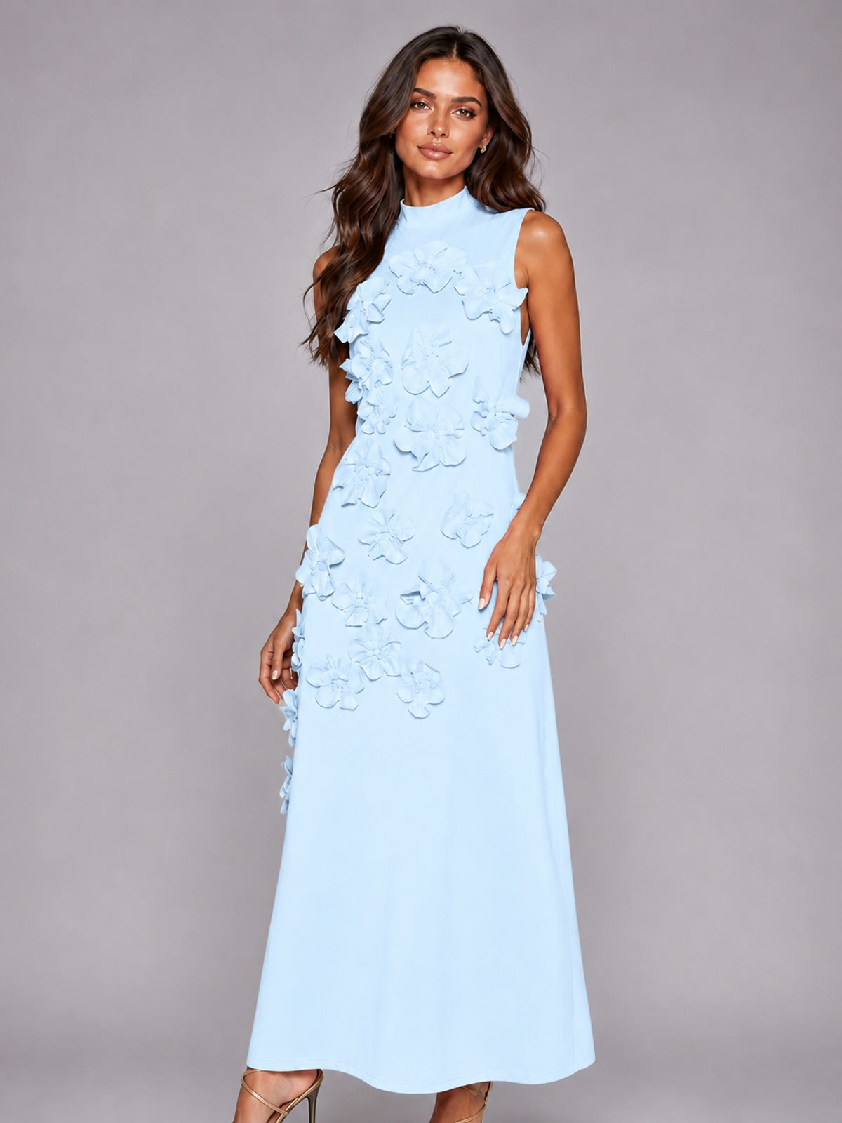 3D Floral Applique High Neck Prom Maxi Dress