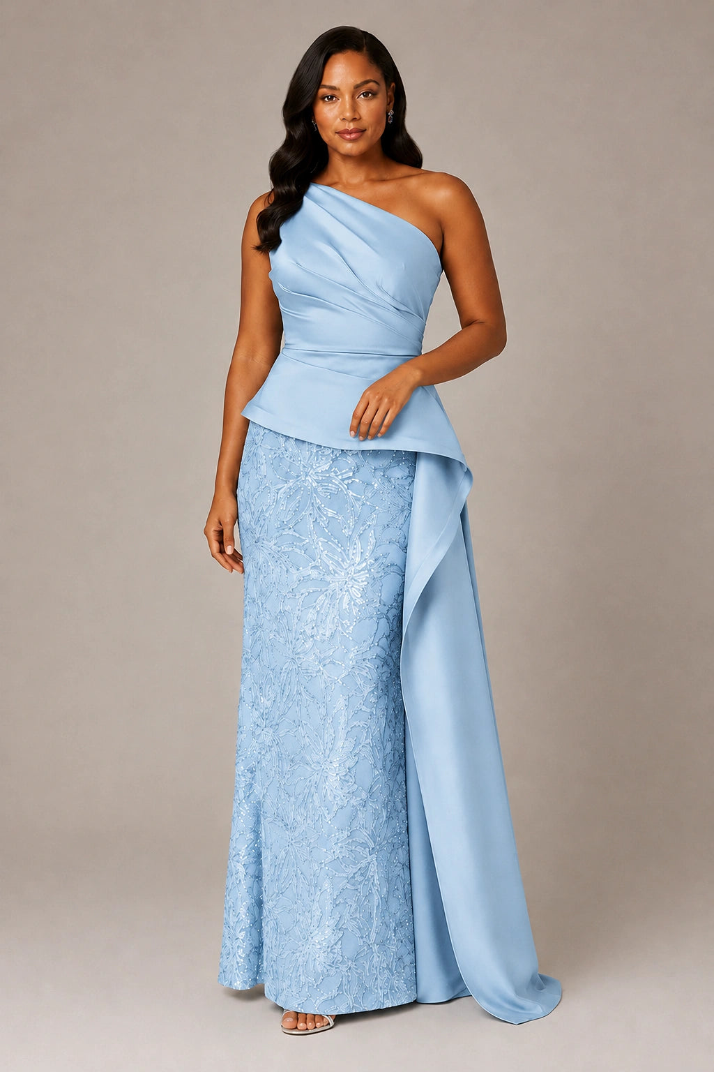 One-Shoulder Mother of the Bride Dress with Sequin Skirt and Peplum