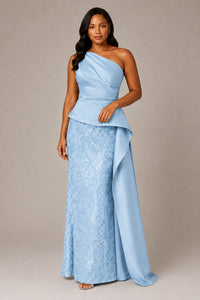 One-Shoulder Mother of the Bride Dress with Sequin Skirt and Peplum