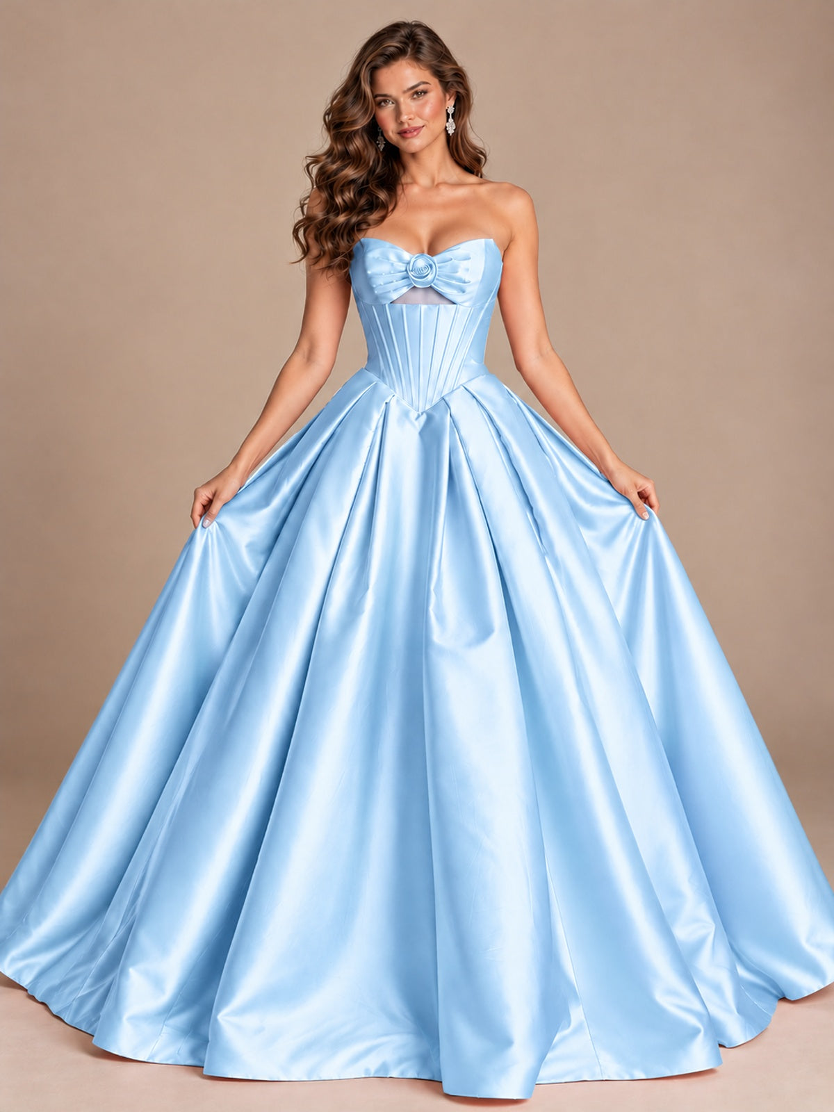 Pink Strapless Corset Satin Prom Derss & Ball Gown with 3D Floral