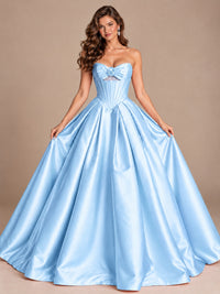 Pink Strapless Corset Satin Prom Derss & Ball Gown with 3D Floral