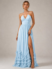 Halter V Neck Chiffon Formal Dress with Lace-Up Back and Ruffle Hem