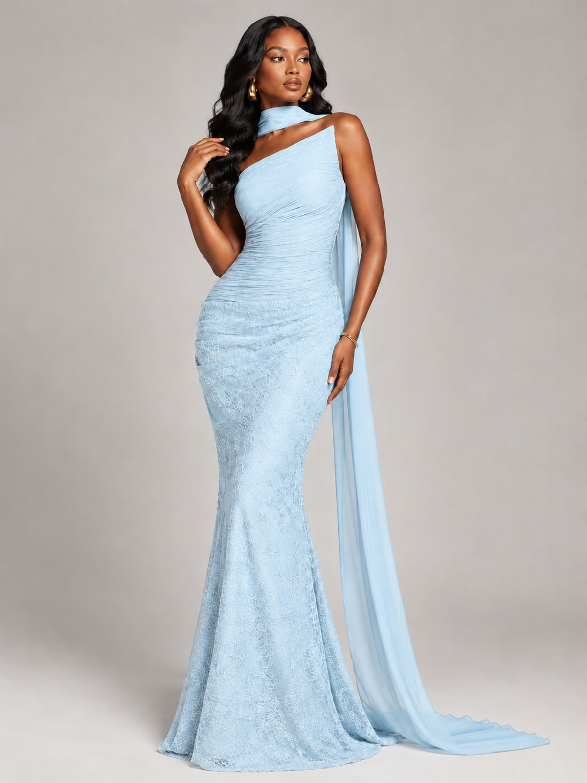 Pleated Chiffon Lace Prom Dresses Long Bodycon Mermaid with Scarf