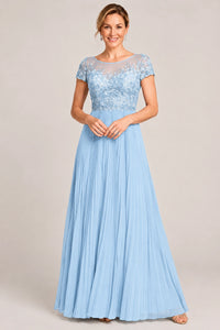 Embroidered Lace Pleated Mother of the Bride Dress