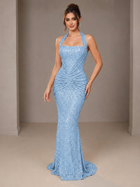 Light Blue Halter Sequin Mermiad Ruched Prom Dress Long Ruched Eveing Gown