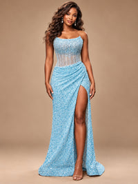 Gold Sequin Strapless Corset Prom Dress with High Slit