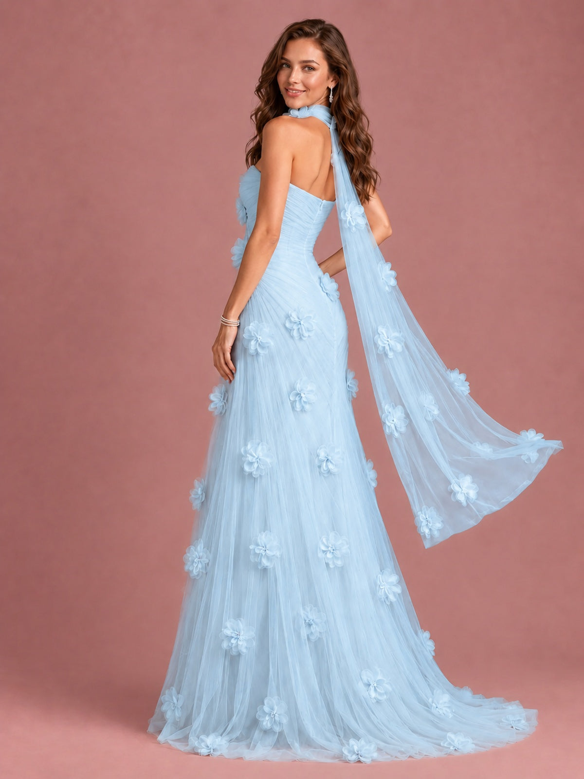 Blush Pink Strapless Sweetheart 3D Floral Tulle Mermaid Prom Dress