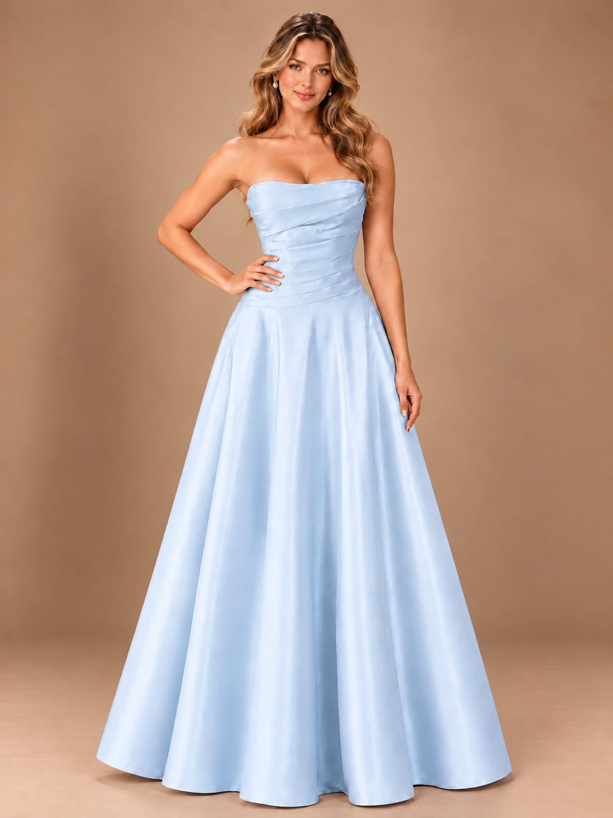 Blush Pink Strapless Satin A-Line Prom Dress with Ruched Bodice