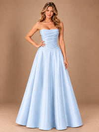 Blush Pink Strapless Satin A-Line Prom Dress with Ruched Bodice