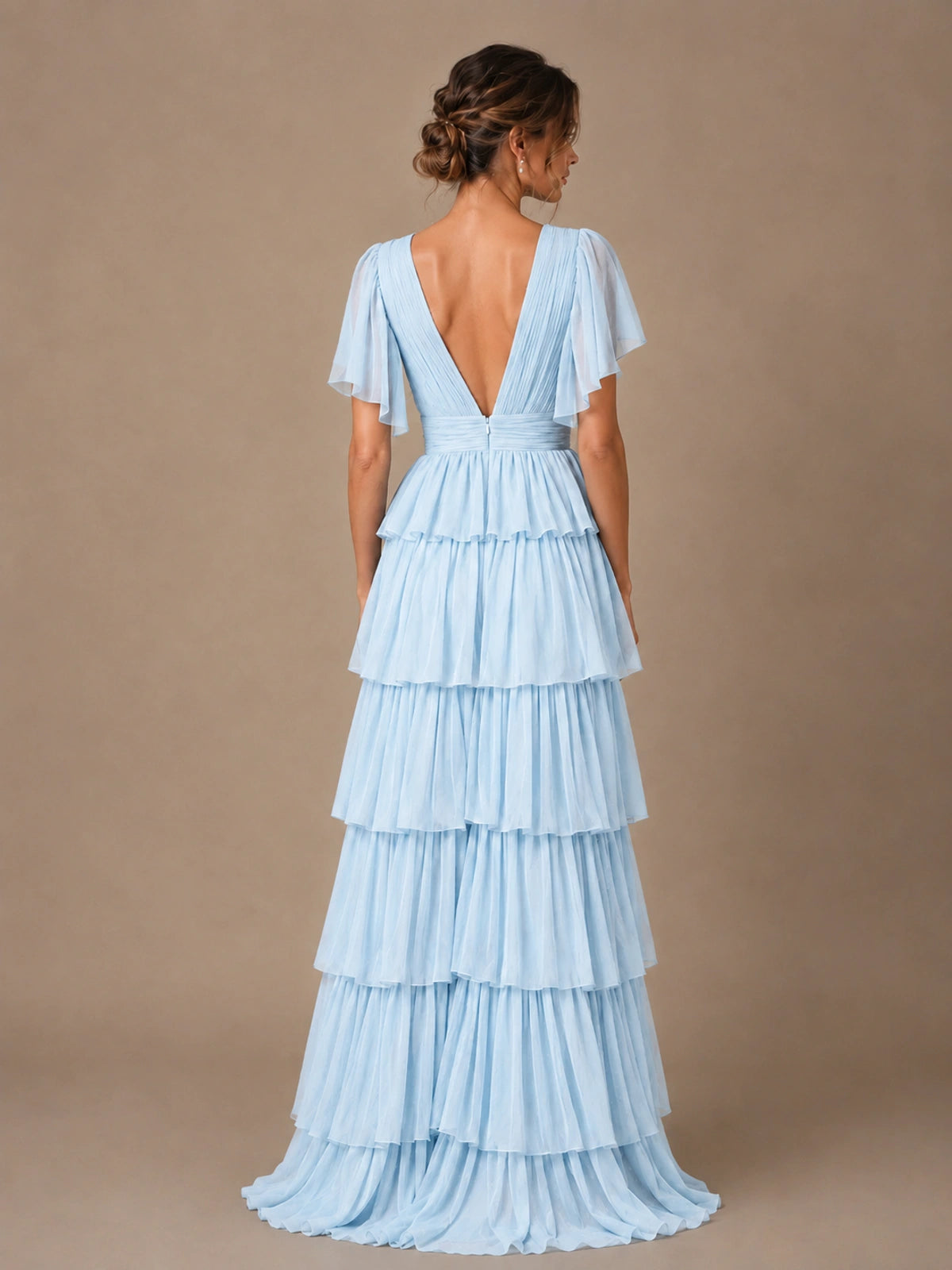 Chiffon V-Neck Tiered Ruffle Bridesmaid Dress with Slit