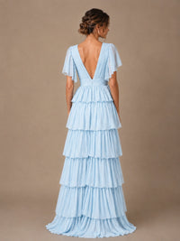 Chiffon V-Neck Tiered Ruffle Bridesmaid Dress with Slit