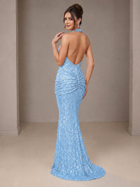 Gold Halter Sequin Mermaid Ruched Prom Dress Long Ruched Evening Gown