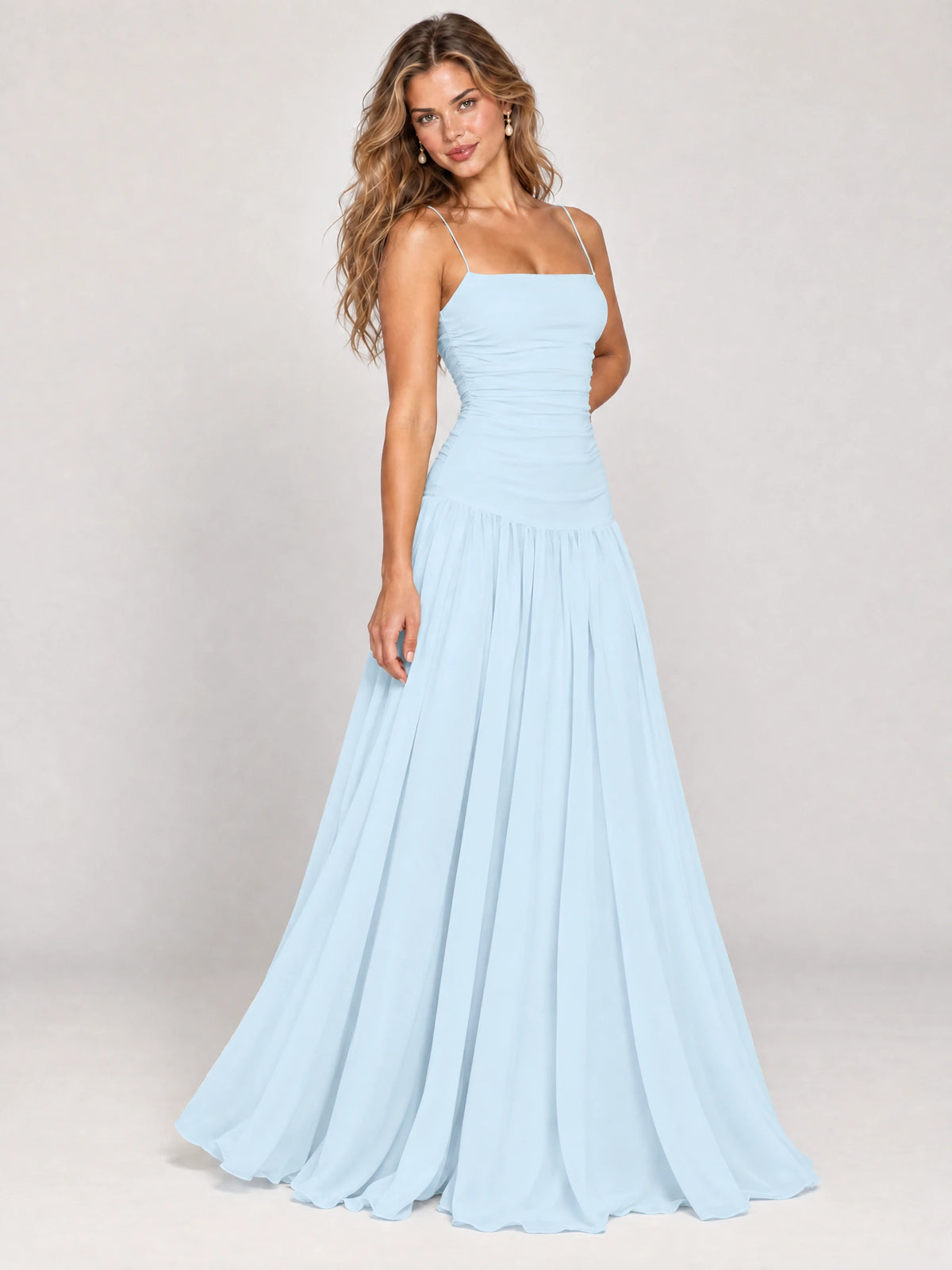 Butter Yellow Ruched Spaghetti Strap Drop-Waist Prom Dress