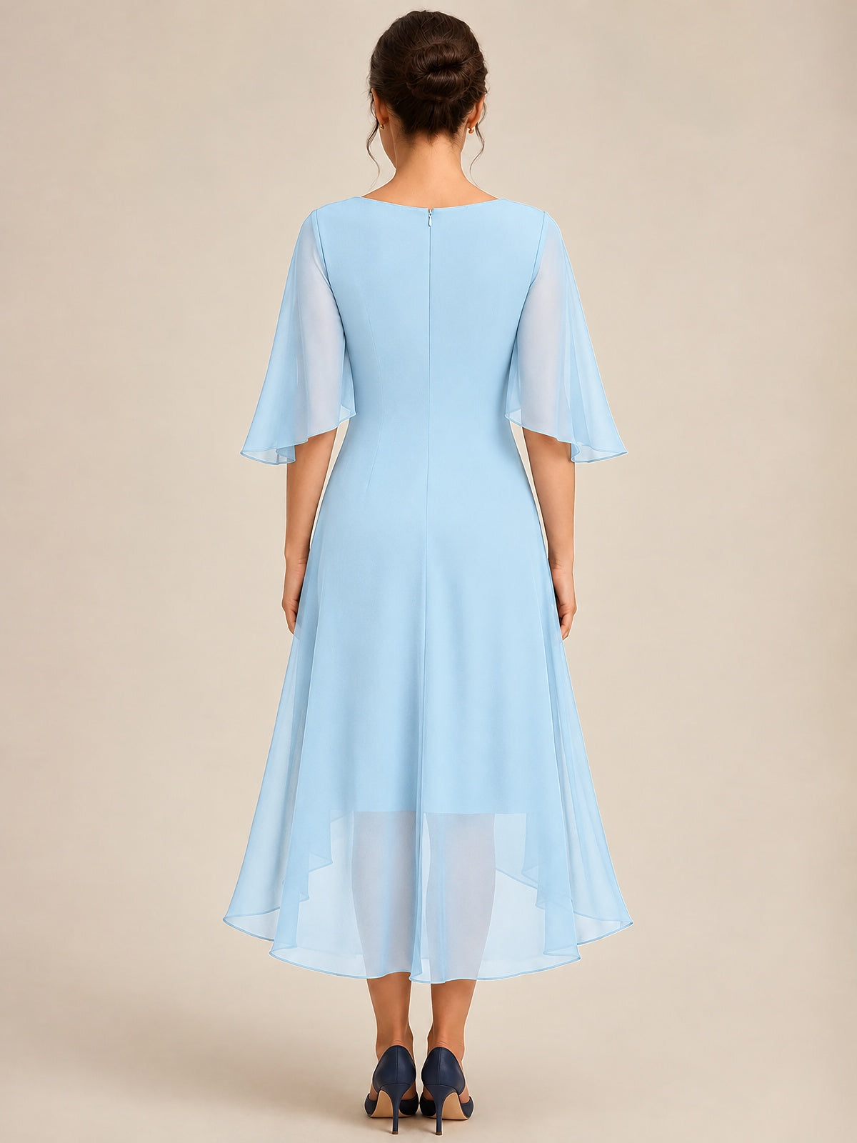 Cowl Neck Ruched Chiffon Mother of the Bride Dresses with Flutter Sleeves