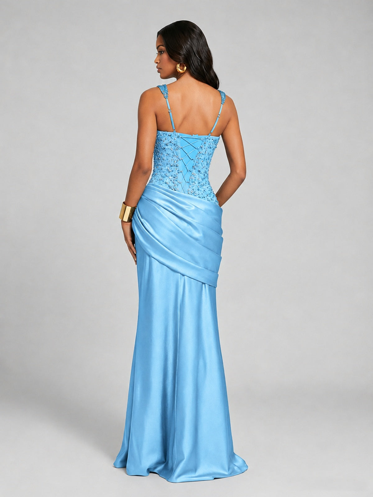 Scoop Neck Sequin Prom Dress with High Slit Satin Formal Gowns