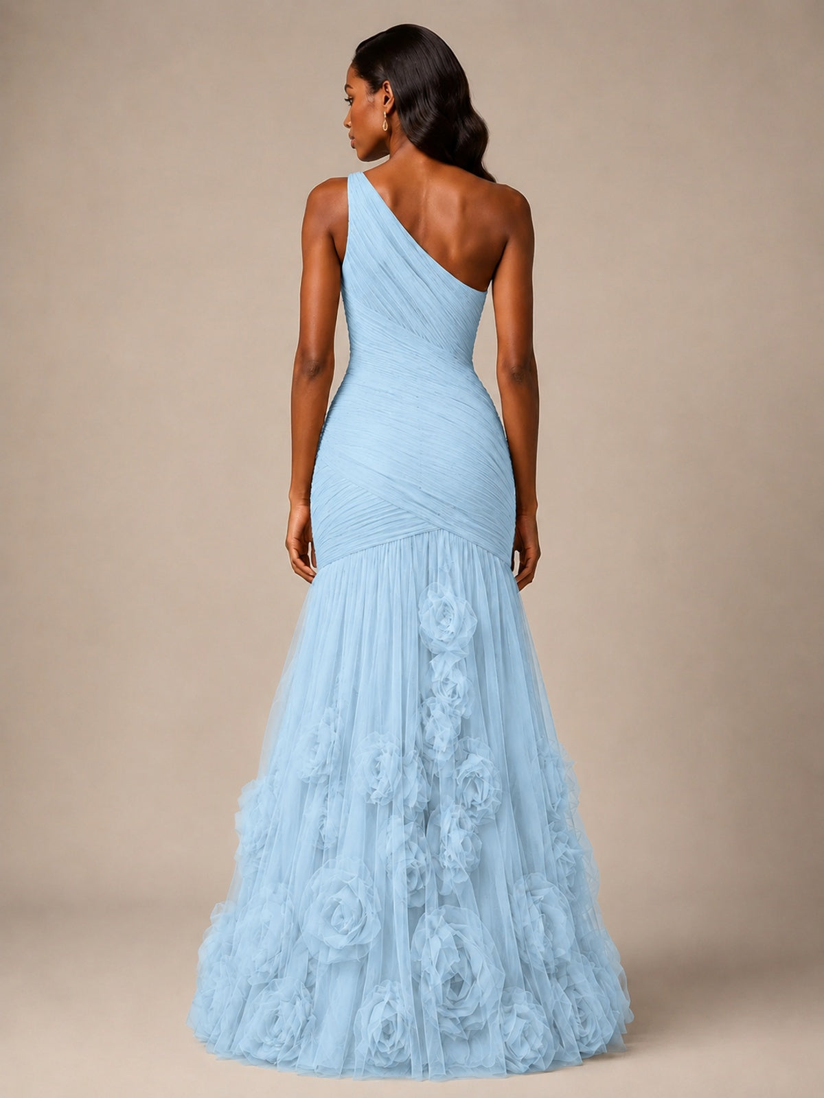 Blush Pink One Shoulder 3D Floral Mermaid Prom Dress