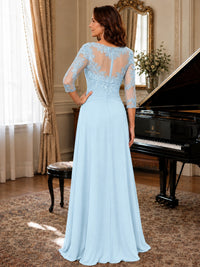 A-Line Chiffon Mother of the Bride Dress with Floral Applique 3/4 Sleeves