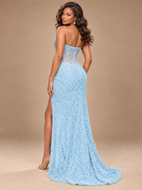 Gold Sequin Strapless Corset Prom Dress with High Slit