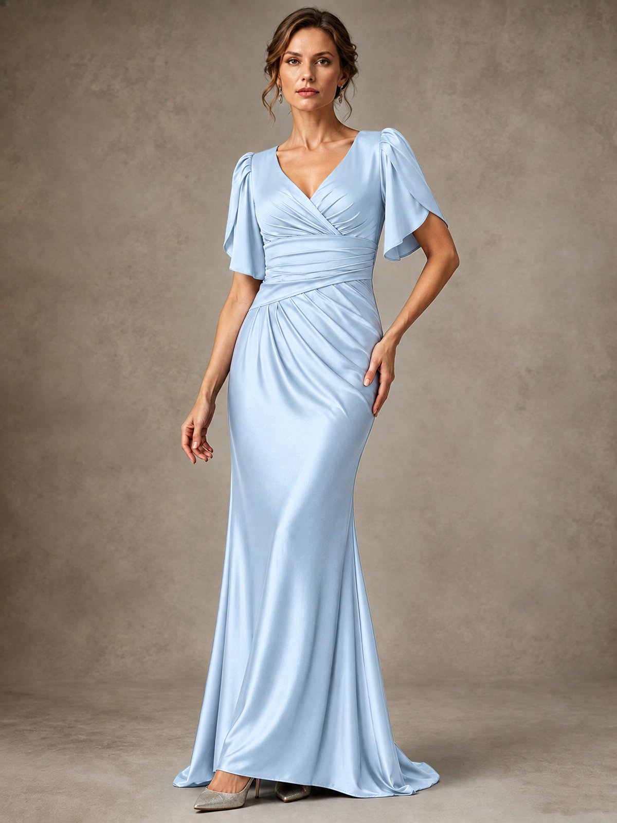 V-Neck Satin Mother of the Bride Dress with Flutter Sleeves