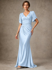 V-Neck Satin Mother of the Bride Dress with Flutter Sleeves