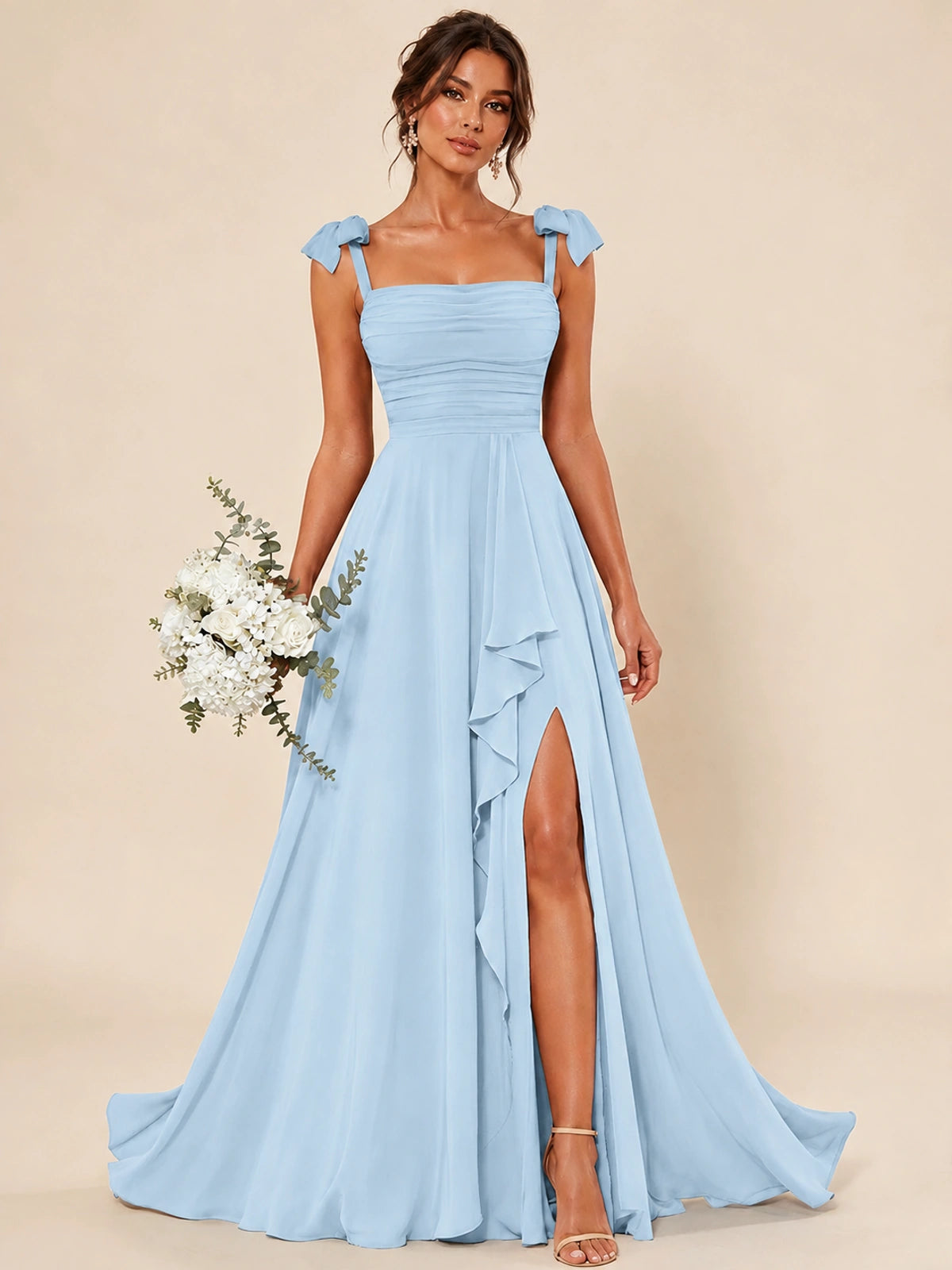 Ruffle Slit Chiffon A Line Scoop Neck Bridesmaid Dresses with Pockets