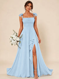 Ruffle Slit Chiffon A Line Scoop Neck Bridesmaid Dresses with Pockets