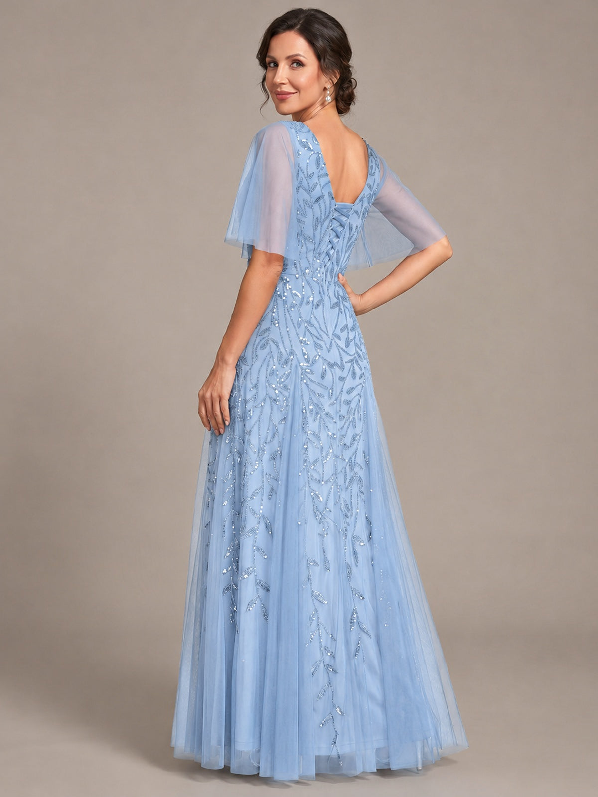 V-Neck Sequin Tulle Mother of the Bride Dress with Flutter Sleeve