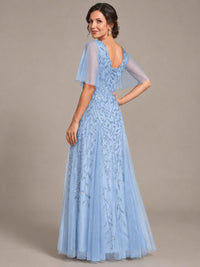 V-Neck Sequin Tulle Mother of the Bride Dress with Flutter Sleeve