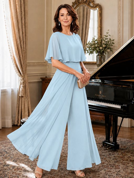 Chiffon Mother of the Bride Jumpsuit with Layered Cape Sleeves
