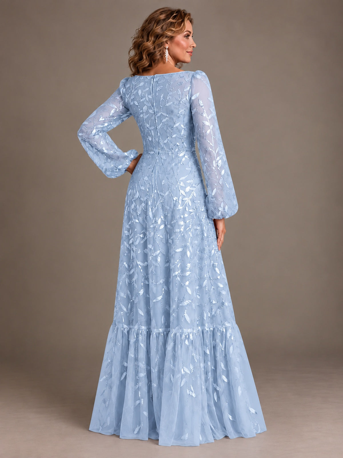 Floral Sequin Embroidered A-Line Mother of the Bride Dress with Long Sleeves