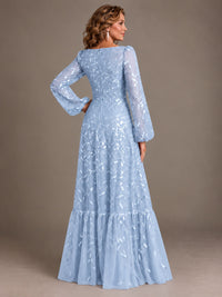 Floral Sequin Embroidered A-Line Mother of the Bride Dress with Long Sleeves
