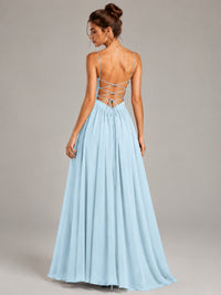 Spaghetti Strap Ruched Chiffon Maxi Dress with Backless