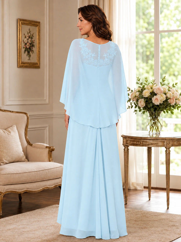 Elegant Chiffon Mother of the Bride Dress with Lace Applique and Cape Sleeves